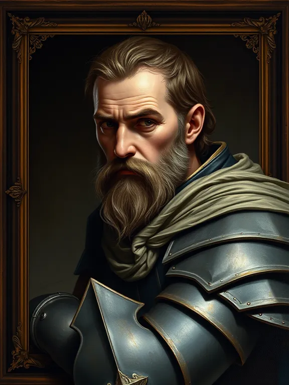 AI-generated knight portrait A, Iron Fief style test